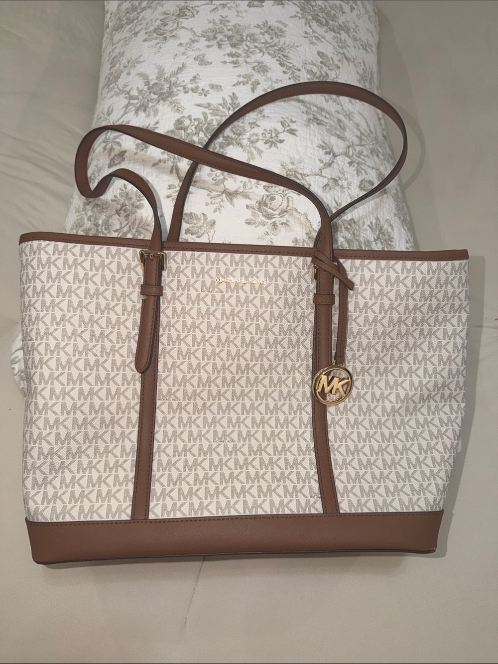 Michael Kors Beige/Acorn MK Signature Tote with Gold Charm